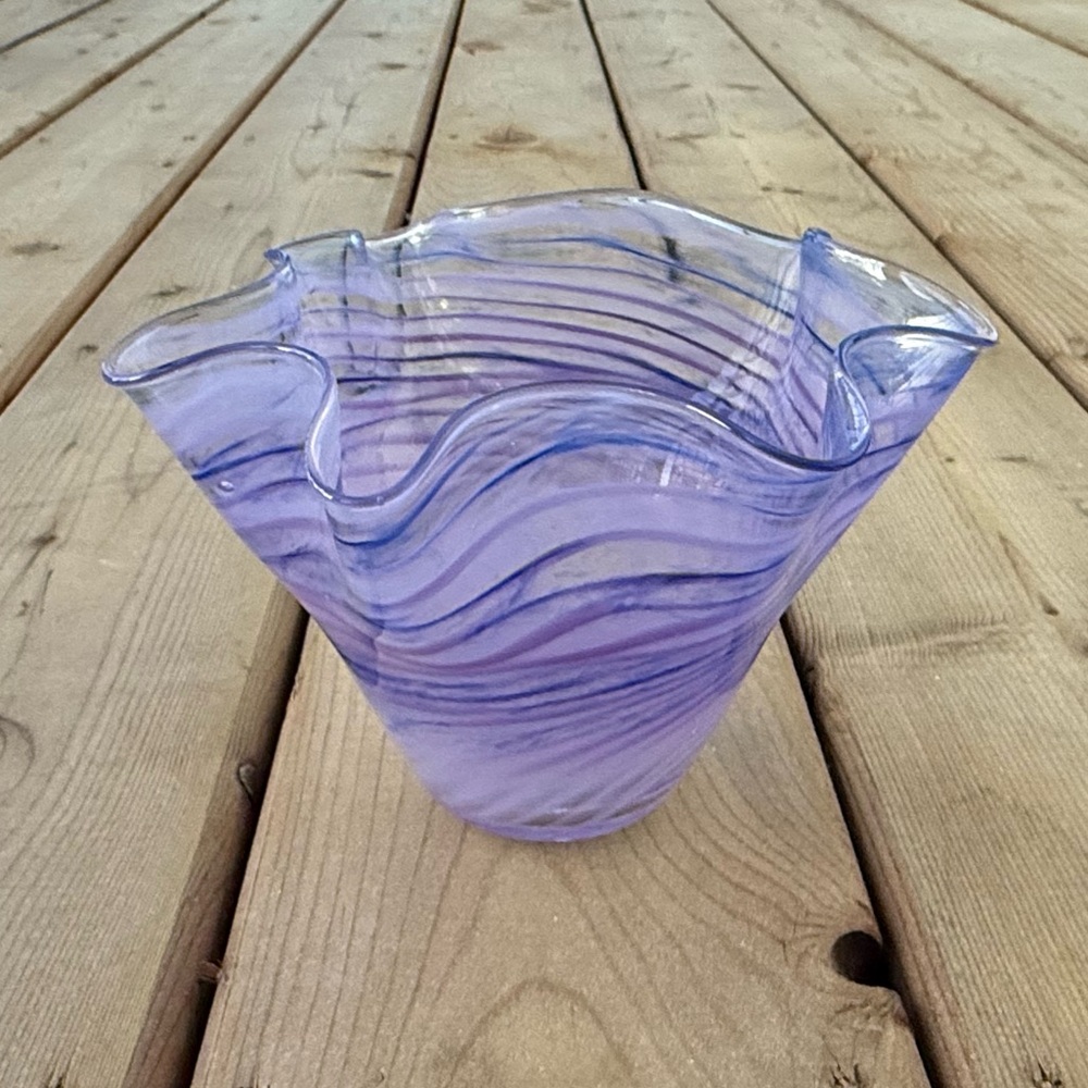 Tammi Ann Ross Purple and Blue Striped Wavy Glass Vase
